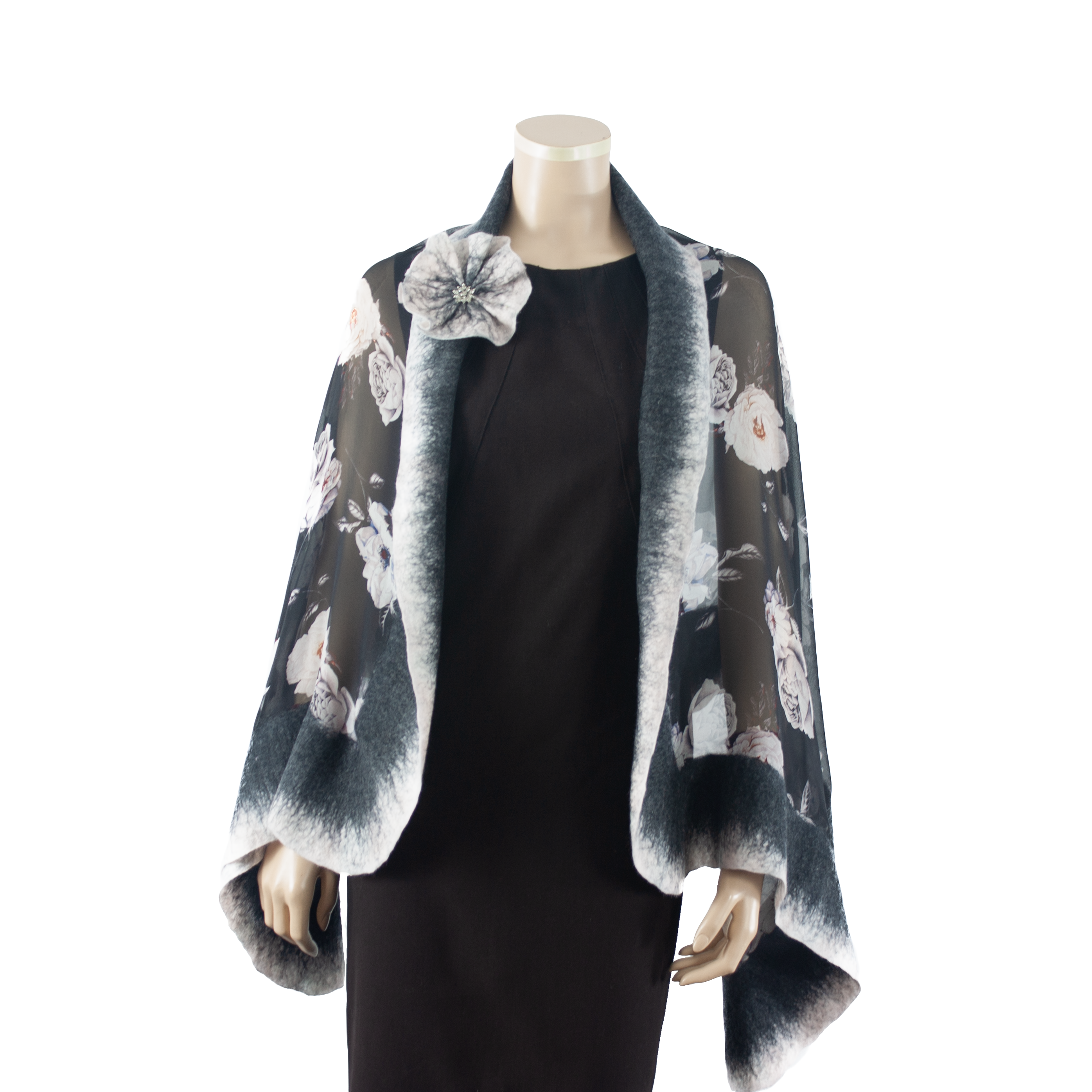 Vibrant white flowers black  shawl #210-28