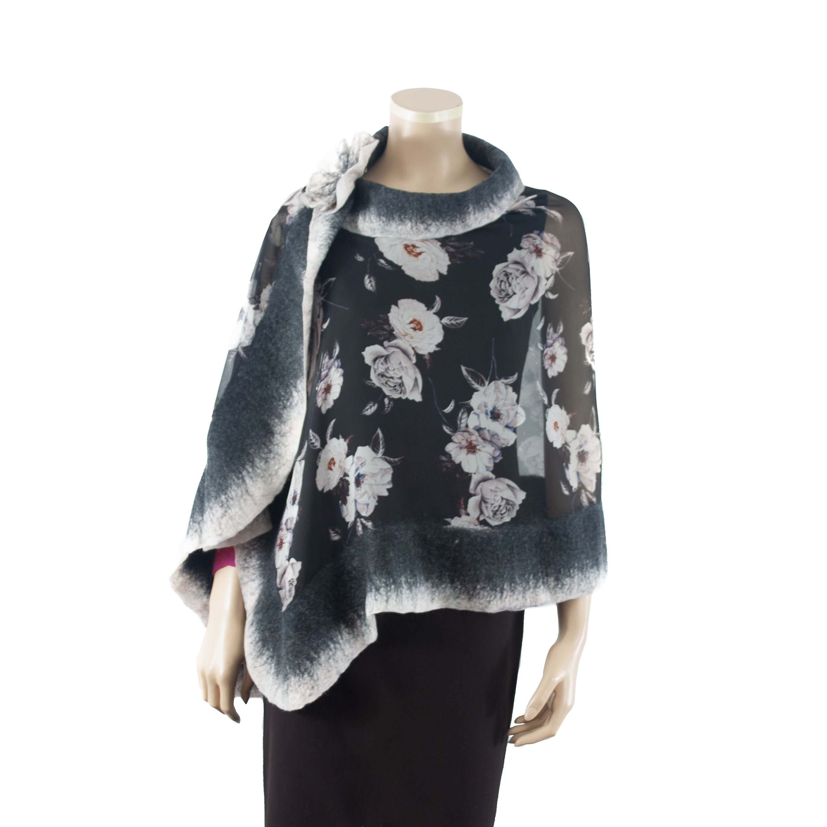 Vibrant white flowers black  shawl #210-28