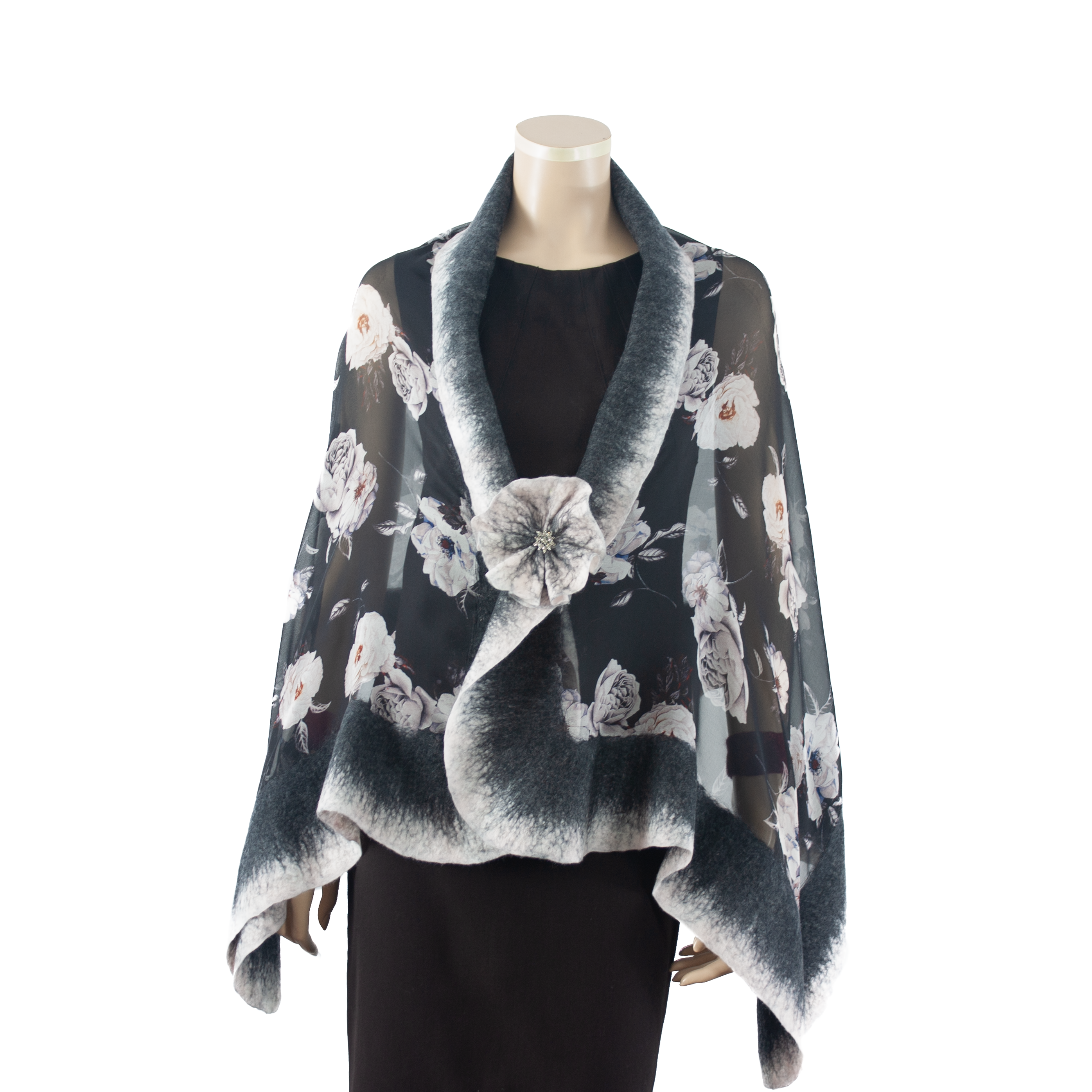 Vibrant white flowers black  shawl #210-28