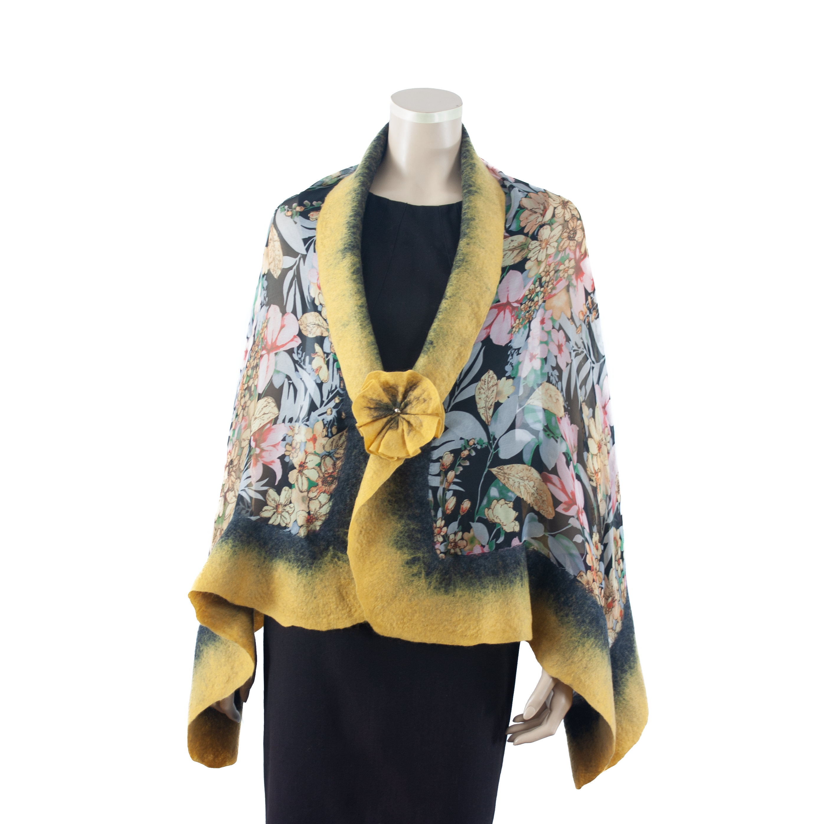 Vibrant yellow black shawl #210-29