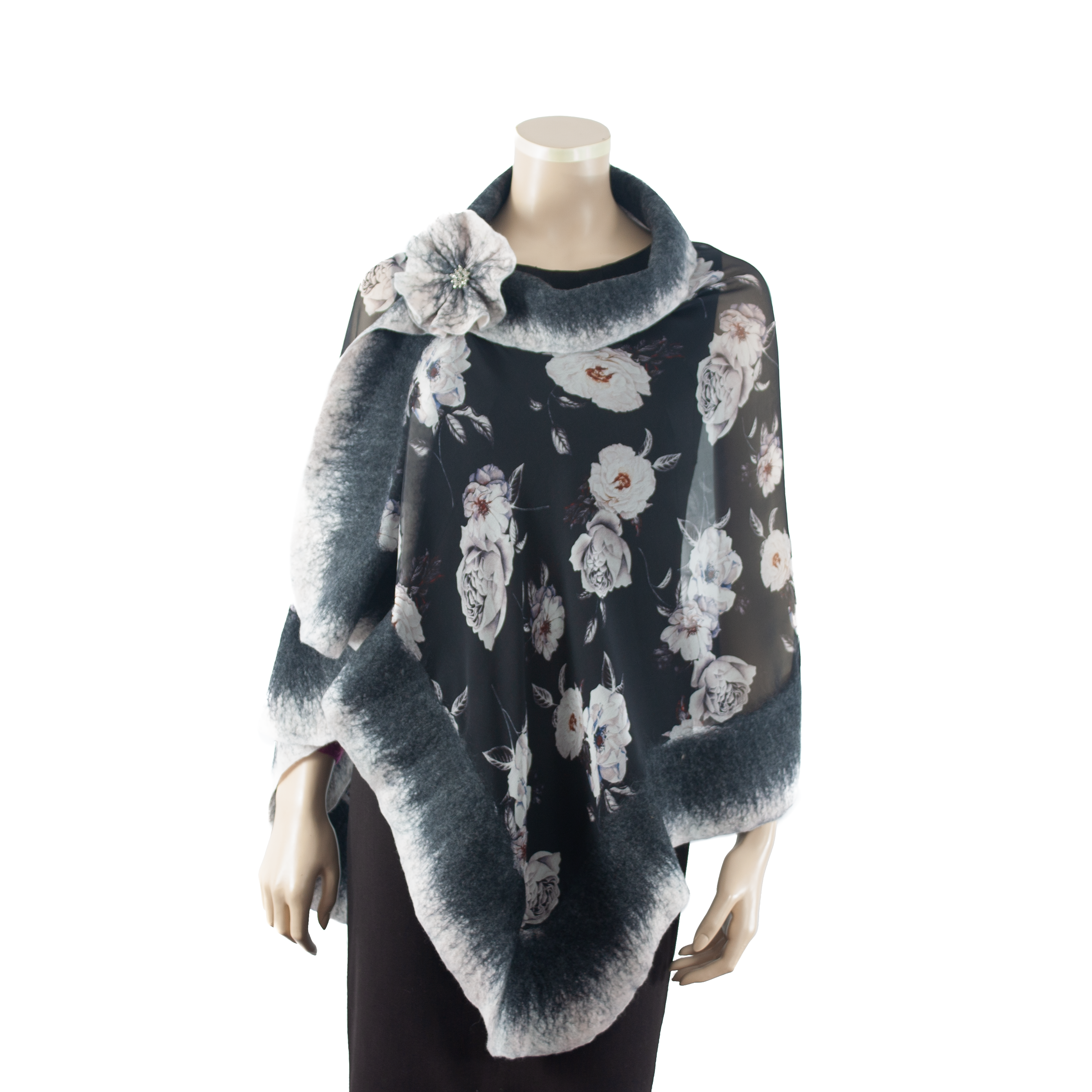 Vibrant white flowers black  shawl #210-28