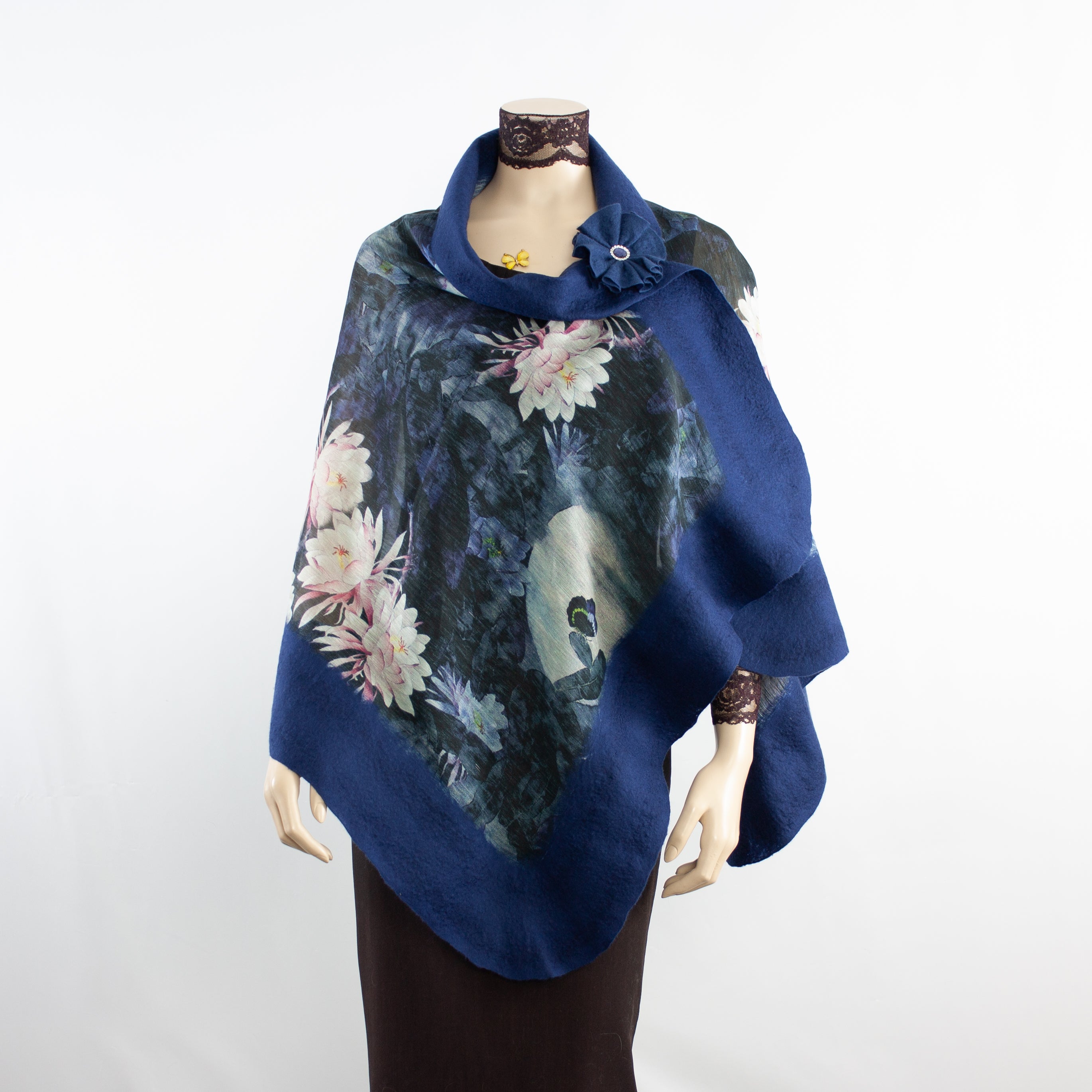 Vibrant white flowers blue shawl #228-49