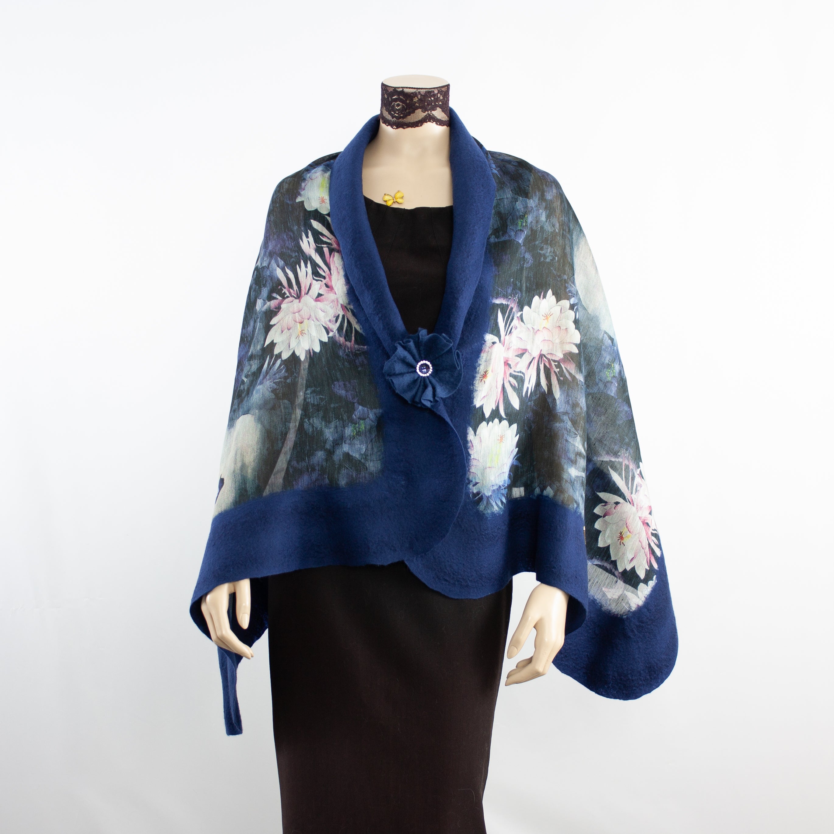 Vibrant white flowers blue shawl #228-49