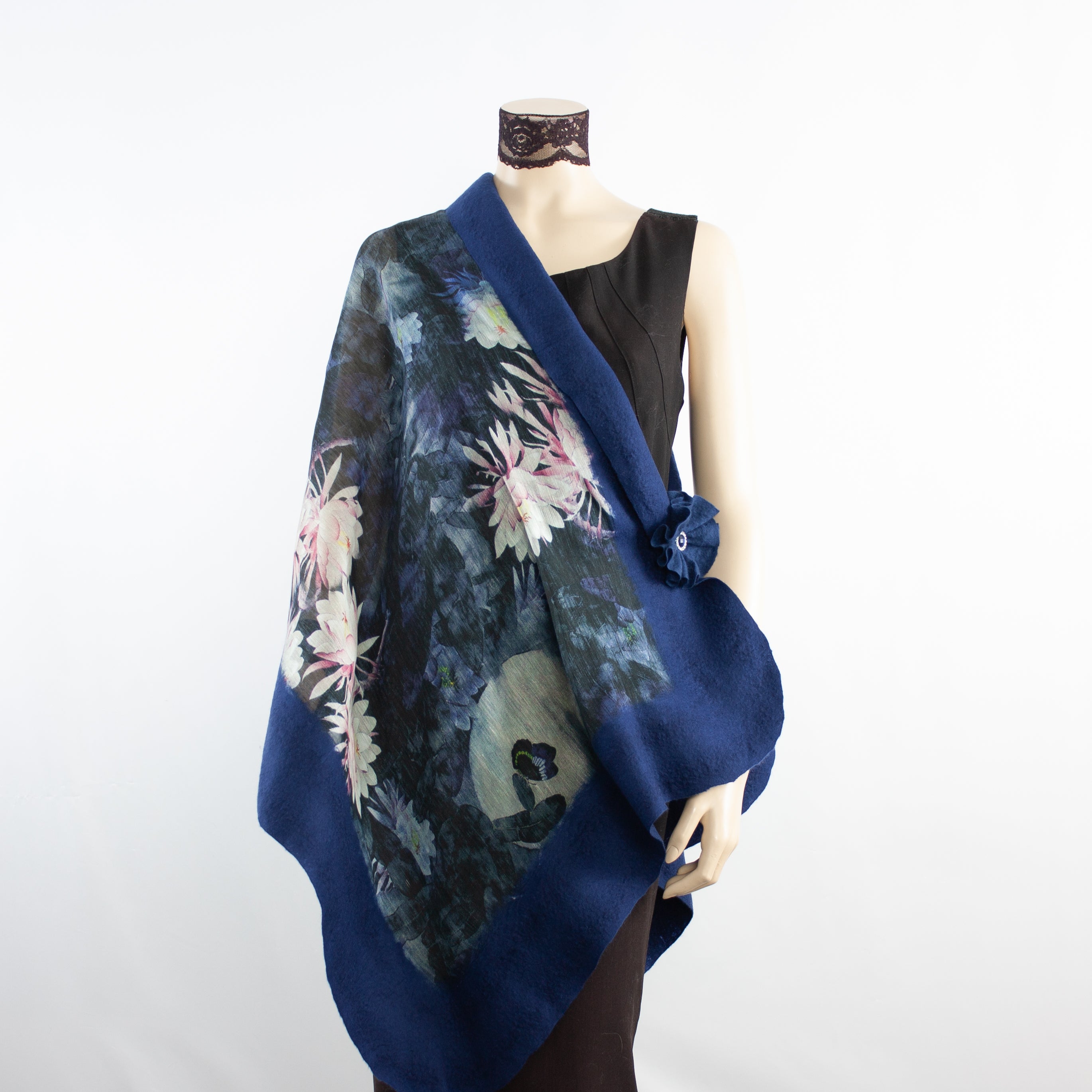 Vibrant white flowers blue shawl #228-49