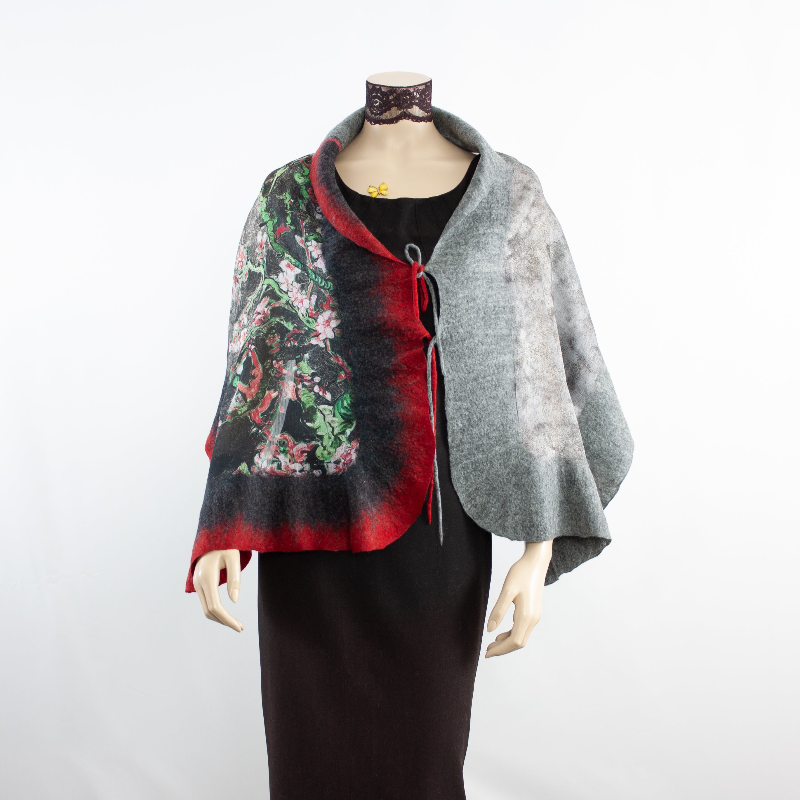 Linked  grey red scarf #168-5
