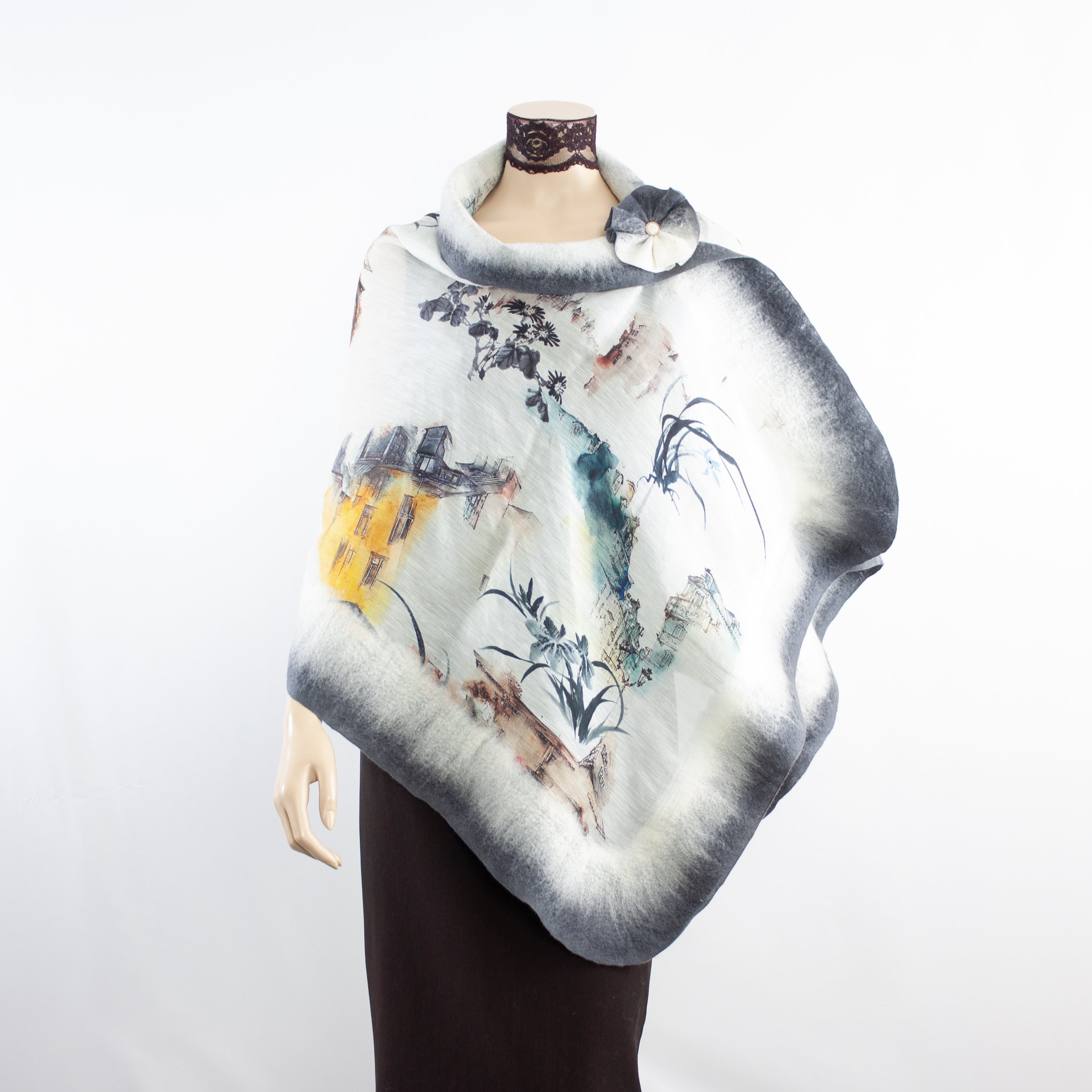 Vibrant grey flowers shawl #228-43