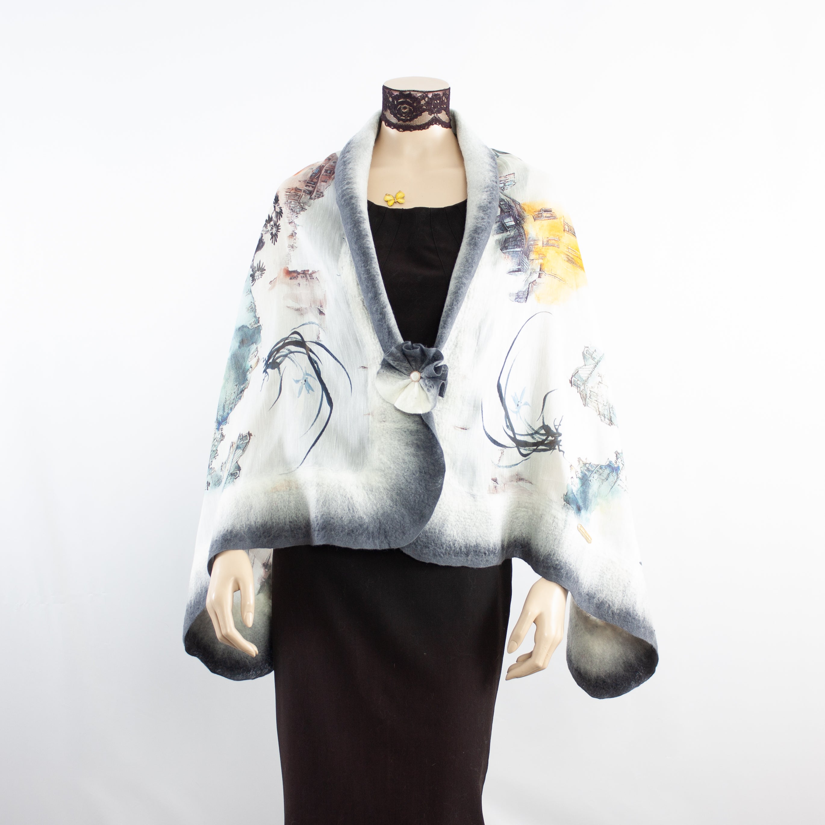 Vibrant grey flowers shawl #228-43