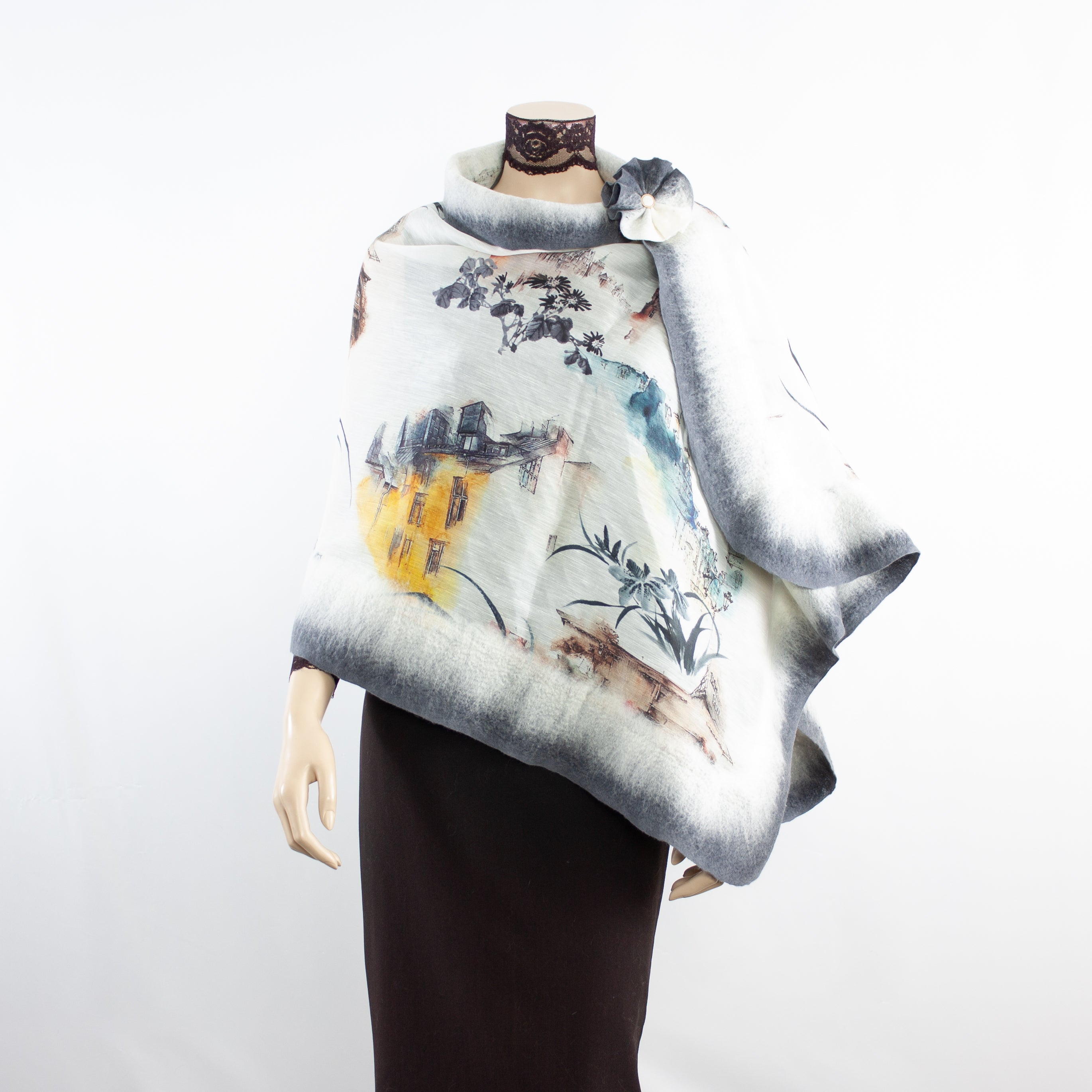 Vibrant grey flowers shawl #228-43
